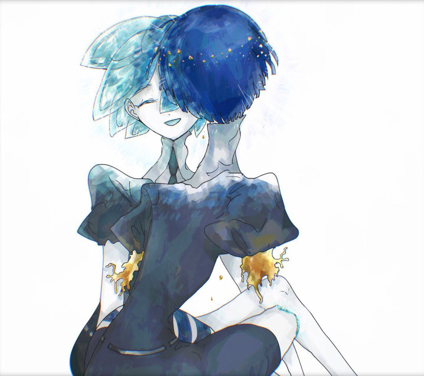 2others androgynous aqua_hair blue_hair closed_eyes colored_eyelashes crystal_hair dual_persona face-to-face gem_uniform_(houseki_no_kuni) gold highres houseki_no_kuni looking_at_another missing_limb multiple_others natsuda_(noom_soh) necktie phosphophyllite phosphophyllite_(ll) short_hair sitting smile spoilers white_background