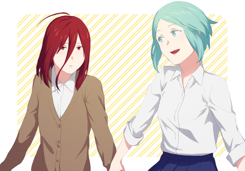 ahoge alternate_costume aqua_eyes aqua_hair blush colored_eyelashes contemporary green_eyes green_hair hair_between_eyes hand_holding highres houseki_no_kuni humanization long_bangs looking_at_another phosphophyllite red_eyes redhead school_uniform shinsha_(houseki_no_kuni) short_hair skirt sleeves_rolled_up smile sweater tea_oden