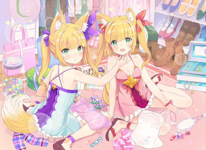 &gt;:( 2girls :d animal_ear_fluff animal_ears bag bare_arms bare_shoulders blonde_hair blue_dress blue_footwear blush boots boots_removed bow box breasts brown_footwear brown_hat candy_wrapper closed_mouth collarbone criss-cross_halter dress feeding fox_ears fox_girl fox_tail frilled_dress frills green_eyes green_footwear hair_bow hair_brush hair_ribbon halterneck hand_mirror hat hat_removed head_tilt headwear_removed high_heel_boots high_heels highres holding indoors jar jewelry jewelry_box loafers looking_at_viewer looking_back magazine mirror multiple_girls nail_polish_bottle necklace nose_blush official_art open_mouth pearl_necklace pink_dress plastic_bag purple_bow purple_ribbon red_bow red_footwear red_ribbon ribbon ring sandals shoes shoes_removed shopping_bag shoulder_blades sitting sleeveless sleeveless_dress small_breasts smile tail tetsujin_momoko toenails torikago_scrap_march transparent twintails v-shaped_eyebrows wariza white_footwear