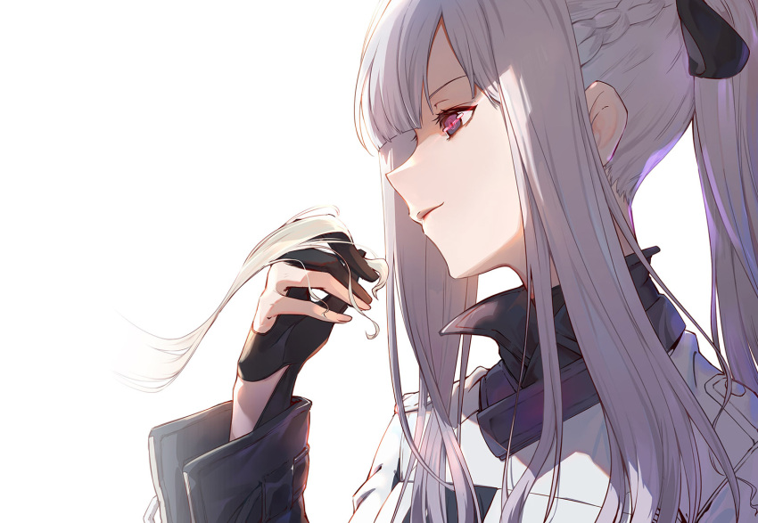 ak-12_(girls_frontline) bangs black_gloves black_ribbon braid breasts closed_mouth eyebrows_visible_through_hair french_braid girls_frontline gloves glowing glowing_eye hair_ribbon highres holding holding_hair jacket kumo_ryuun long_hair long_sleeves looking_at_hand medium_breasts multiple_girls partly_fingerless_gloves ponytail ribbon sidelocks silver_hair smile very_long_hair violet_eyes