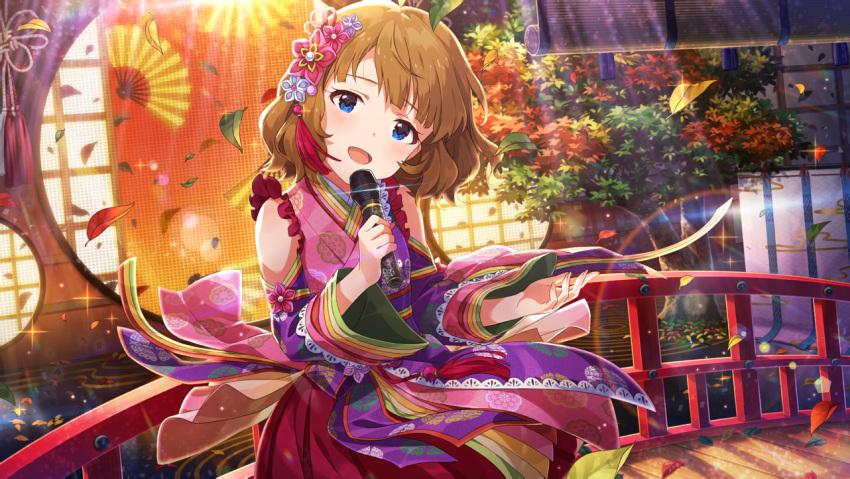 blue_eyes blush brown_hair dress idolmaster idolmaster_million_live! idolmaster_million_live!_theater_days short_hair singing suou_momoko yukata