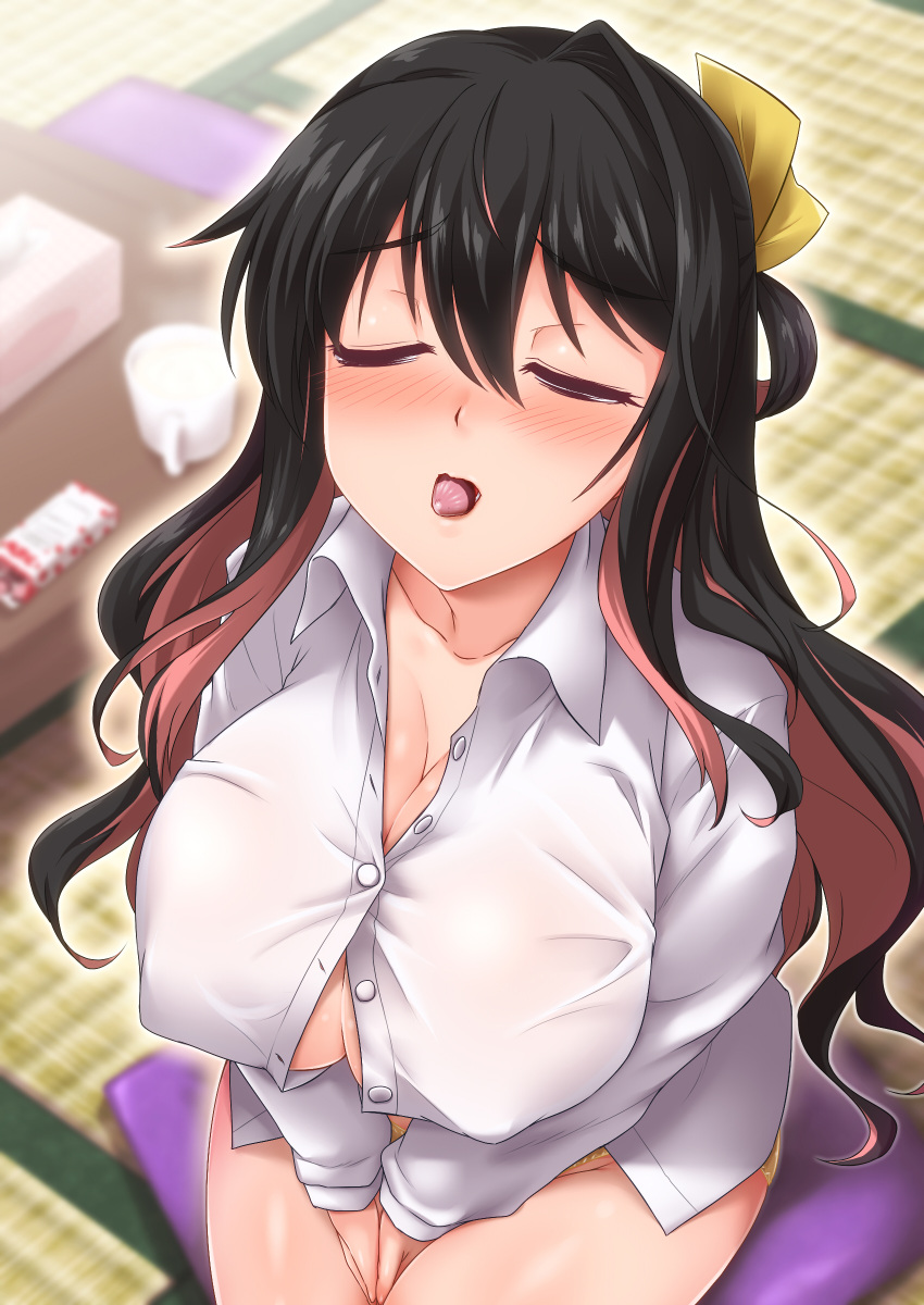 1girl absurdres bangs black_hair blush bow breasts buttons candy chocolate cleavage closed_eyes collarbone commentary_request covered_nipples cup erect_nipples eyebrows_visible_through_hair fang feeding food hair_between_eyes hair_ribbon highres kantai_collection large_breasts long_hair long_sleeves mouth_hold multicolored_hair naganami_(kantai_collection) no_bra open_mouth panties pillow pink_hair ribbon seiza shared_food shirt sitting solo tatami thighs tissue_box two-tone_hair underwear wavy_hair white_shirt yoshi_tama