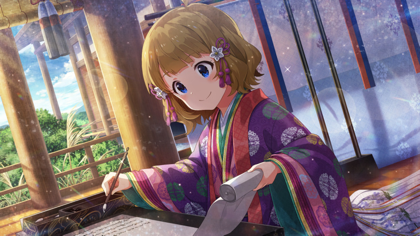 blue_eyes blush brown_hair idolmaster idolmaster_million_live! idolmaster_million_live!_theater_days kimono short_hair smile suou_momoko