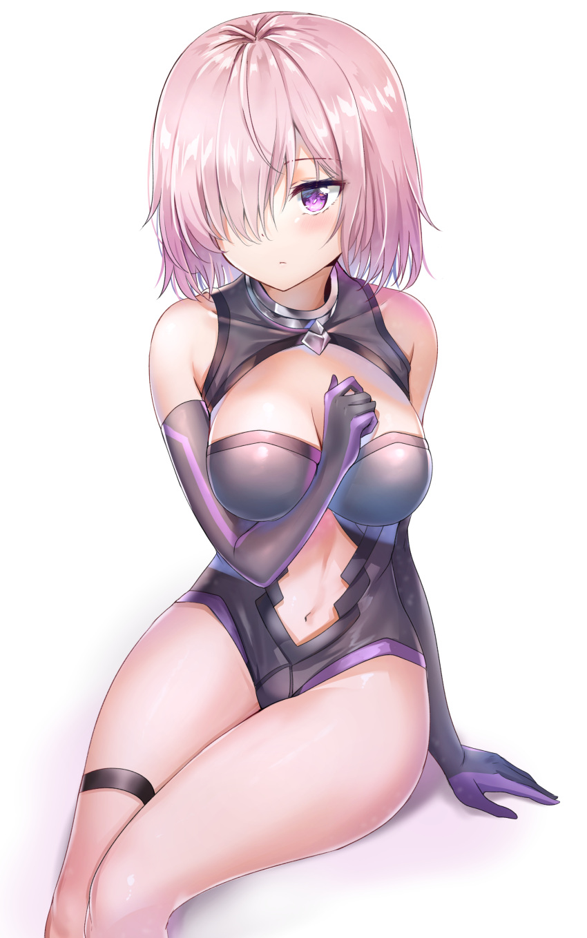 1girl absurdres black_gloves blush breasts closed_mouth elbow_gloves eyebrows_visible_through_hair fate/grand_order fate_(series) gloves hair_over_one_eye highres large_breasts mash_kyrielight navel pink_eyes pink_hair sitting solo sunhyun thigh_strap white_background