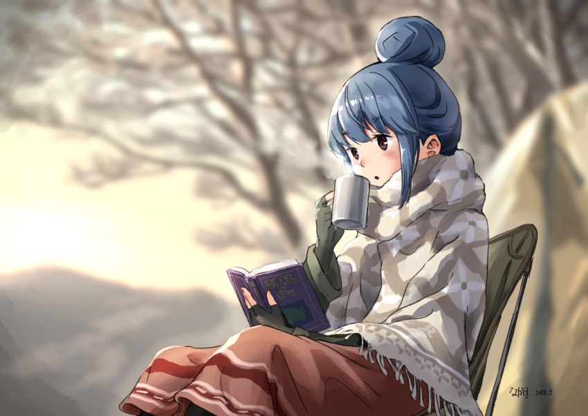 1girl blue_hair blurry blurry_background book brown_eyes commentary cup eyebrows_visible_through_hair fingerless_gloves gloves hair_bun highres outdoors reading shawl shima_rin sitting solo steam tree_bowbow yurucamp