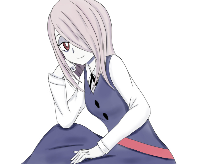 1girl edo-sensei hair_over_eyes hat highres little_witch_academia long_hair long_sleeves looking_at_viewer luna_nova_school_uniform makeup pale_skin purple_hair red_eyes shirt_under_dress simple_background smile solo sucy_manbavaran witch_hat