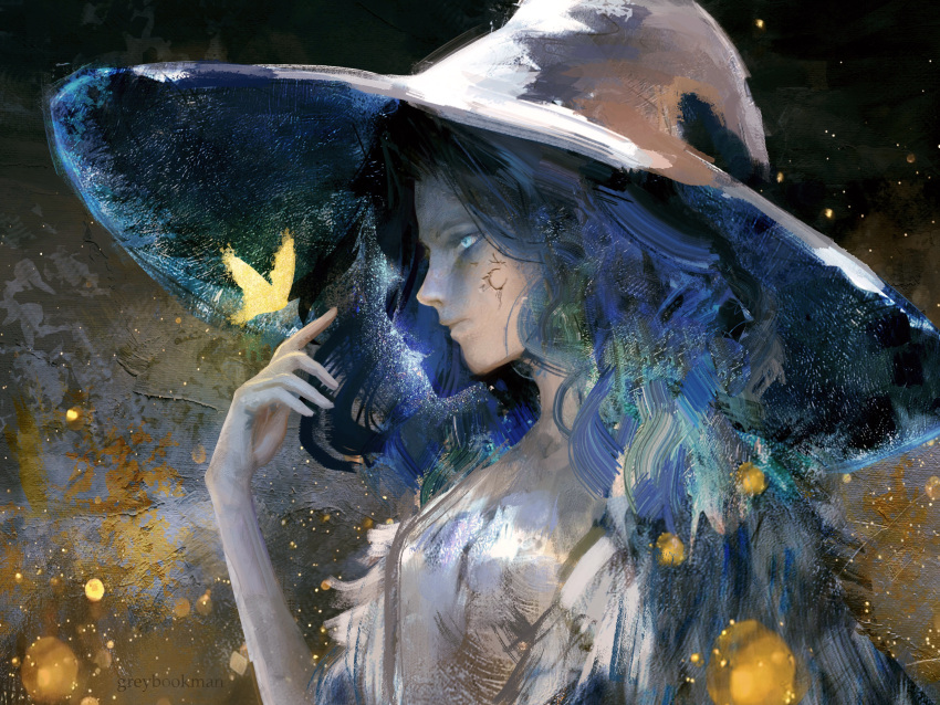 1girl absurdres blue_eyes blue_hair blue_skin bug butterfly cloak colored_skin elden_ring extra_faces from_side fur_cloak greybookman hat highres large_hat long_hair ranni_the_witch sky star_(sky) starry_sky upper_body witch witch_hat yellow_butterfly