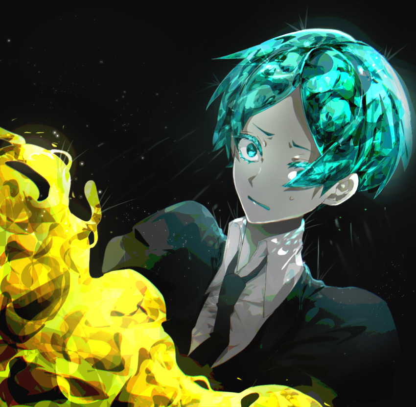 1other androgynous aqua_eyes aqua_hair colored_eyelashes crystal_hair dark_background gem_uniform_(houseki_no_kuni) gold houseki_no_kuni kanmiya_(amamia06-16) necktie phosphophyllite short_hair solo upper_body