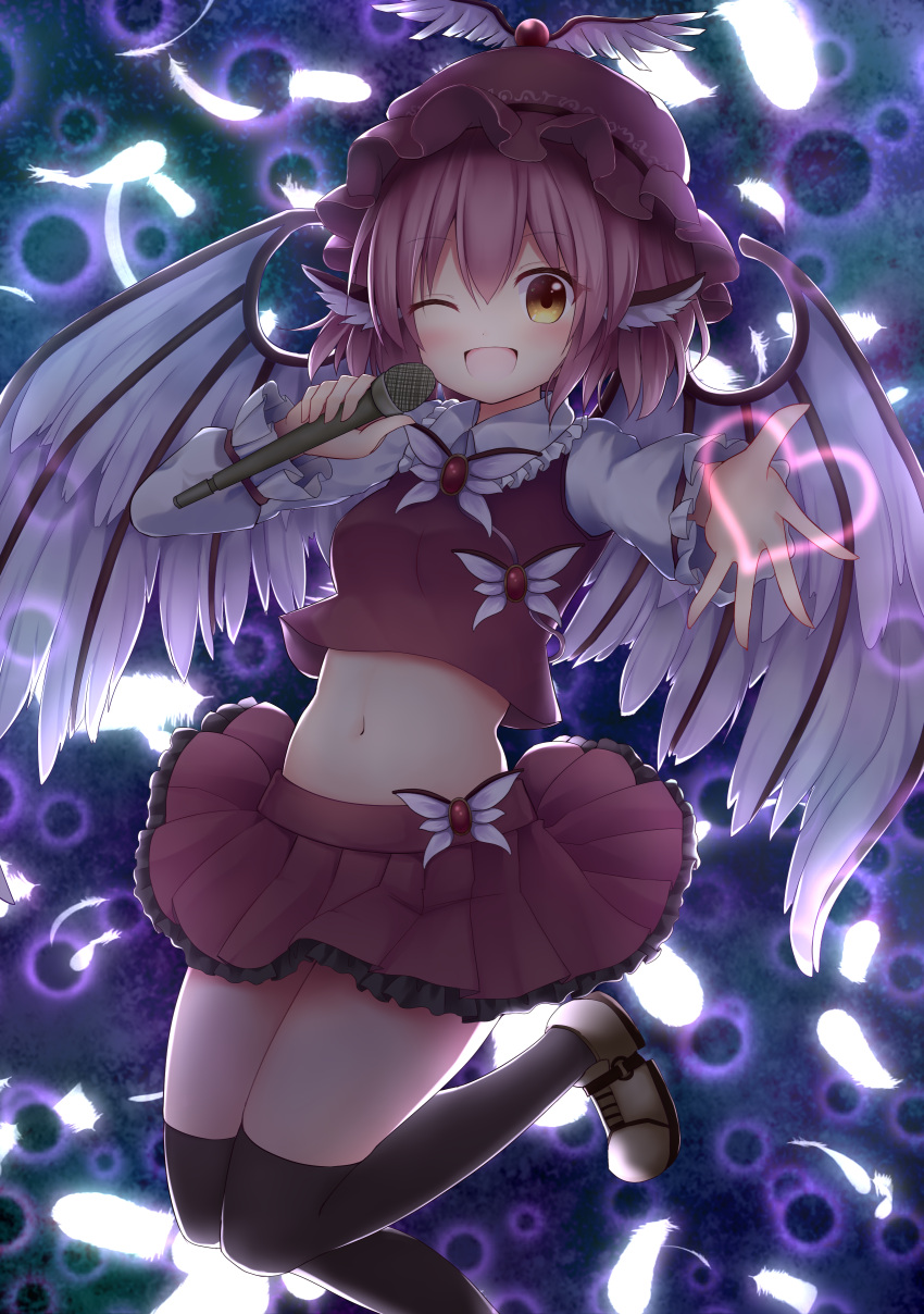 1girl ;d absurdres bangs blush breasts commentary_request crop_top eyebrows_visible_through_hair feathers feet_out_of_frame frilled_shirt_collar frills hair_between_eyes hat head_wings highres holding holding_microphone jumping looking_at_viewer medium_breasts microphone midriff miniskirt mob_cap mystia_lorelei navel one_eye_closed open_mouth outstretched_arm petticoat pink_hair pleated_skirt purple_hat purple_skirt purple_vest reaching_out shirt shoes short_hair skirt smile solo stomach suigetsu_(watermoon-910) thigh-highs thighs touhou vest white_footwear white_shirt yellow_eyes zettai_ryouiki