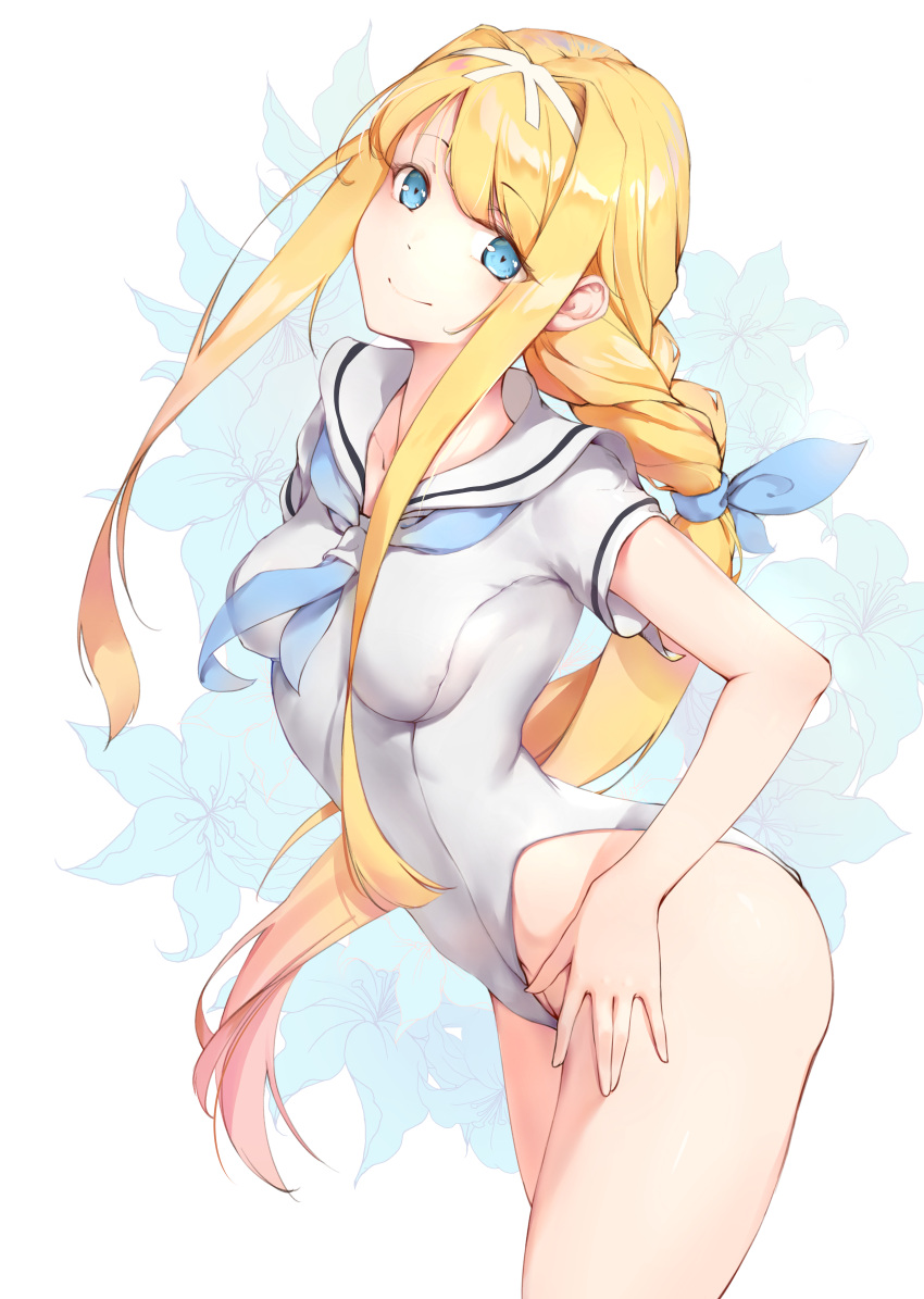 1girl absurdres alice_schuberg blonde_hair blue_eyes blue_neckwear braid casual_one-piece_swimsuit cowboy_shot fei_mao hairband highres long_hair looking_at_viewer neckerchief one-piece_swimsuit sailor_collar single_braid smile solo swimsuit sword_art_online very_long_hair white_hairband white_sailor_collar white_swimsuit