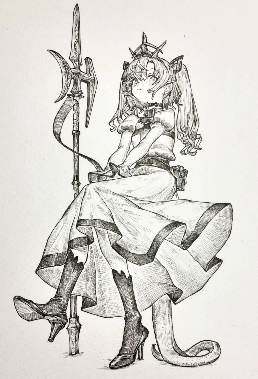 1girl cross crosshatching crown dress earrings hatching_(texture) high_heels highres jewelry looking_at_viewer mashimashi original sitting solo tail weapon