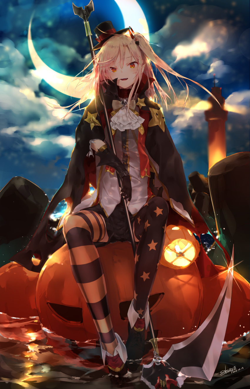 1girl alternate_costume asymmetrical_legwear azur_lane bangs black_gloves black_legwear bow cape cleveland_(azur_lane) crescent_moon devil_fever_(azur_lane) fang fingerless_gloves full_body glint gloves halloween hat highres holding holding_scythe long_hair looking_at_viewer moon night one_side_up open_mouth outdoors peaked_cap pointy_ears pumpkin sakusyo scythe short_shorts shorts sidelocks sitting sky smile star star_(sky) star_print starry_sky thigh-highs water