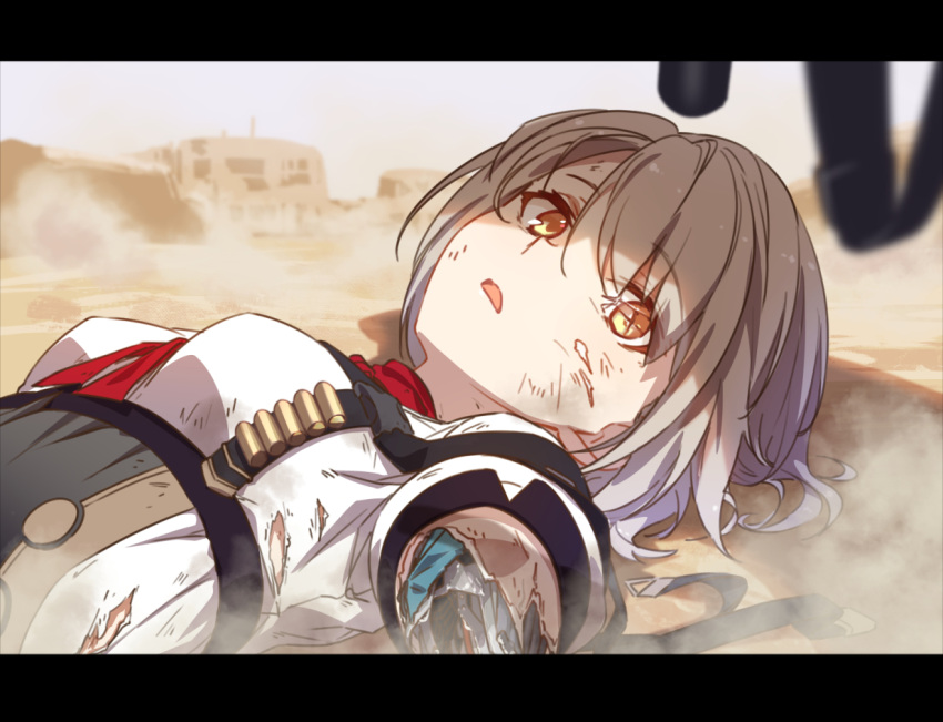 1girl android commentary_request cracked_lens damaged dust eyebrows_visible_through_hair girls_frontline grey_hair letterboxed lying m-ya on_back parts_exposed sand short_hair solo strap torn_clothes vector_(girls_frontline) yellow_eyes