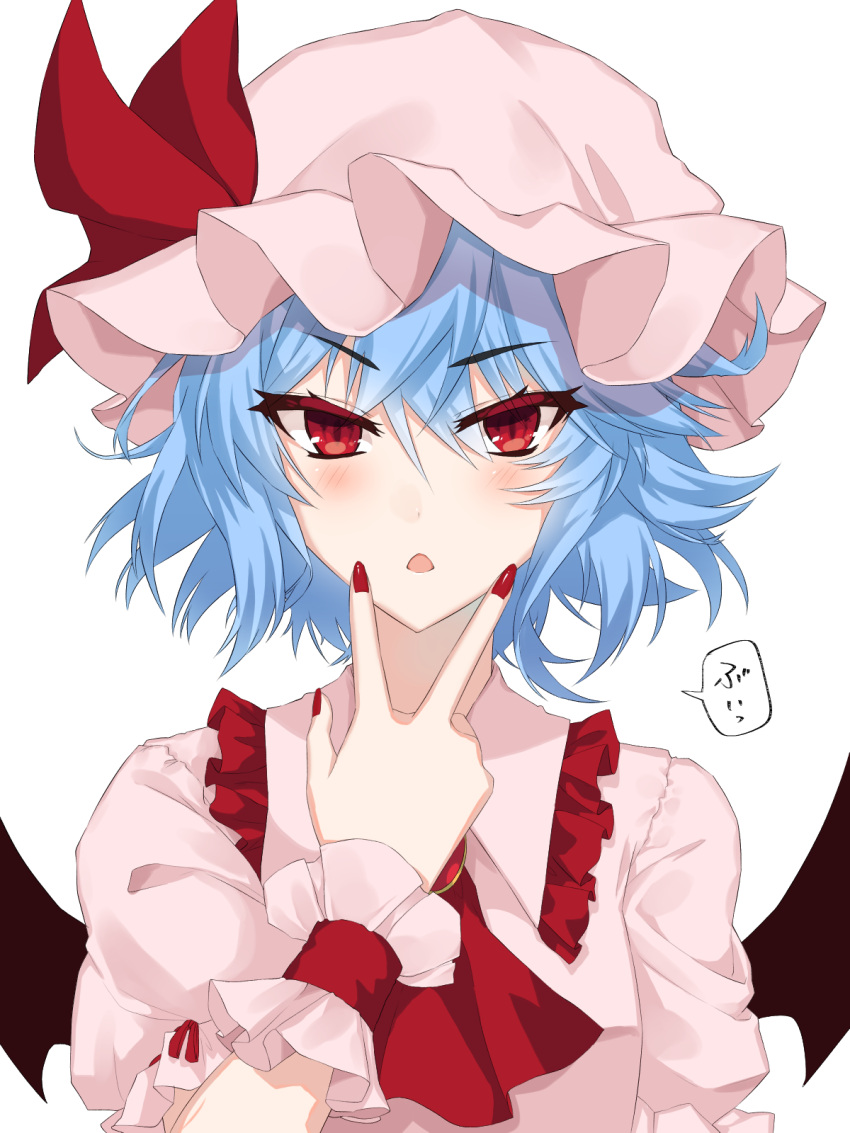 1girl black_wings blue_hair blush bonnet bow dress eyebrows_visible_through_hair hair_between_eyes hat hat_bow highres himajinsan0401 looking_at_viewer nail_polish open_mouth pink_dress pink_hat red_bow red_eyes red_nails remilia_scarlet short_hair short_sleeves simple_background solo touhou upper_body white_background wings wrist_cuffs
