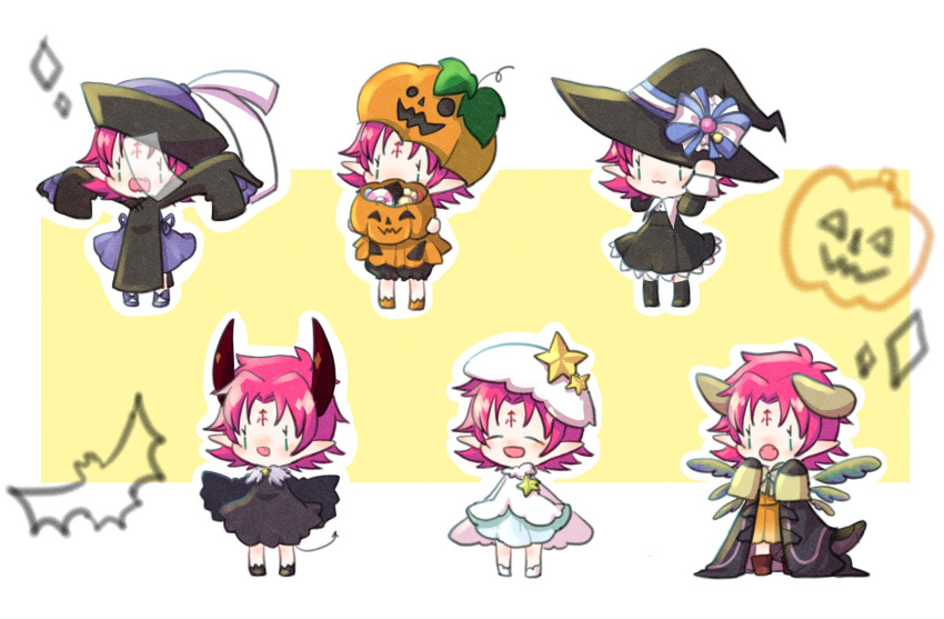 6+girls bat candy chibi closed_eyes closed_mouth dango_2go demon_horns demon_tail dress fa facial_mark fang fire_emblem fire_emblem:_fuuin_no_tsurugi fire_emblem_heroes food forehead_mark halloween_basket halloween_costume hat highres horns jack-o'-lantern jiangshi long_sleeves mamkute multiple_girls multiple_persona nintendo ofuda open_clothes open_mouth open_robe outstretched_arms pointy_ears pumpkin_hat purple_hair robe short_hair sleeves_past_fingers sleeves_past_wrists spread_arms star tail white_hat witch_hat