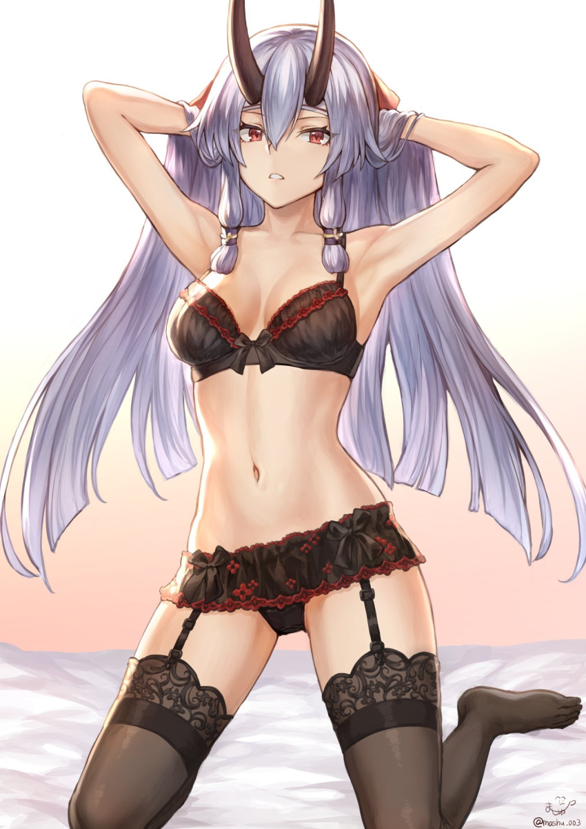 1girl alternate_costume armpits arms_behind_head bangs bare_arms bare_shoulders bed bed_sheet black_bra black_legwear black_panties blush bra breasts collarbone commentary_request eyebrows_visible_through_hair fate/grand_order fate_(series) floral_print garter_belt garter_straps gradient gradient_background hair_between_eyes hair_lift headband highres kneeling lingerie long_hair looking_at_viewer mashu_003 medium_breasts midriff oni_horns panties parted_lips red_eyes sidelocks silver_hair solo thigh-highs thighs tomoe_gozen_(fate/grand_order) underwear underwear_only very_long_hair