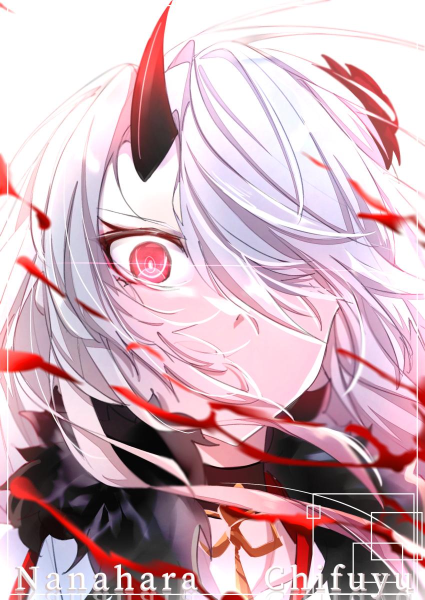 1girl absurdres bangs black_choker blood blood_spray character_name choker commentary counter:side covered_mouth fur_trim glowing glowing_eye hair_over_one_eye highres horns long_hair looking_at_viewer nanahara_chifuyu one_eye_covered oni_horns parted_bangs rectangle red_eyes single_horn solo square upper_body v-shaped_eyebrows white_hair yorururu