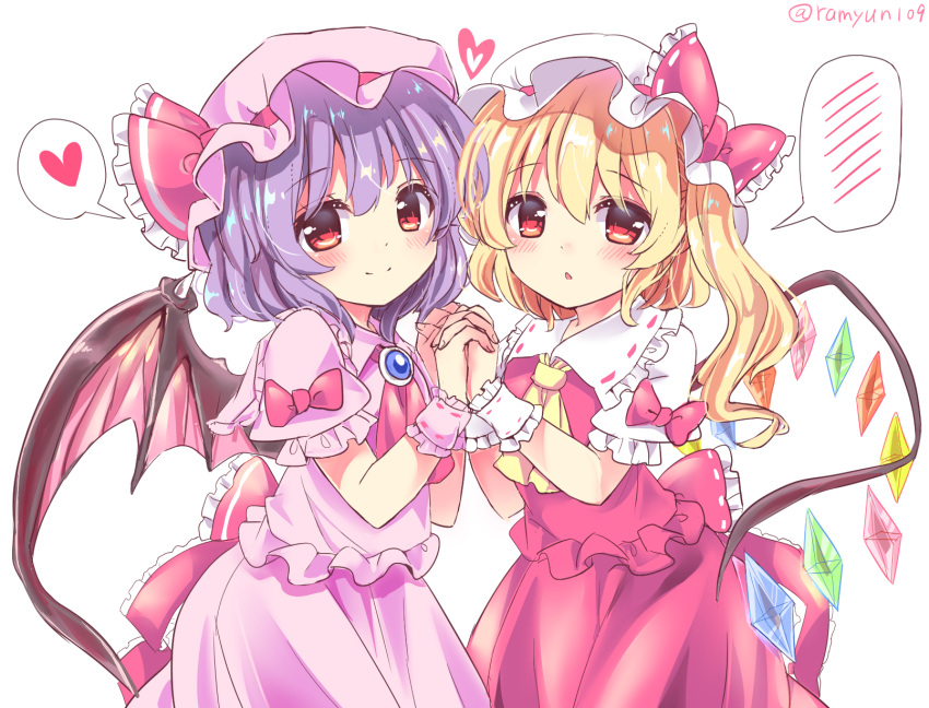 2girls bat_wings blonde_hair blush bow commentary_request dress eyebrows_visible_through_hair flandre_scarlet hat heart highres lavender_hair multiple_girls ramudia_(lamyun) red_bow red_eyes red_neckwear remilia_scarlet short_hair siblings simple_background sisters speech_bubble spoken_blush spoken_heart touhou twitter_username white_background wings yellow_neckwear