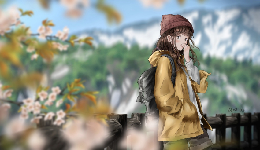 1girl backpack bag blurry blurry_background blurry_foreground brown_hair cherry_blossoms commentary depth_of_field fence hat jacket long_hair low-tied_long_hair original outdoors pantyhose pantyhose_under_shorts shorts solo sweater tree_bowbow