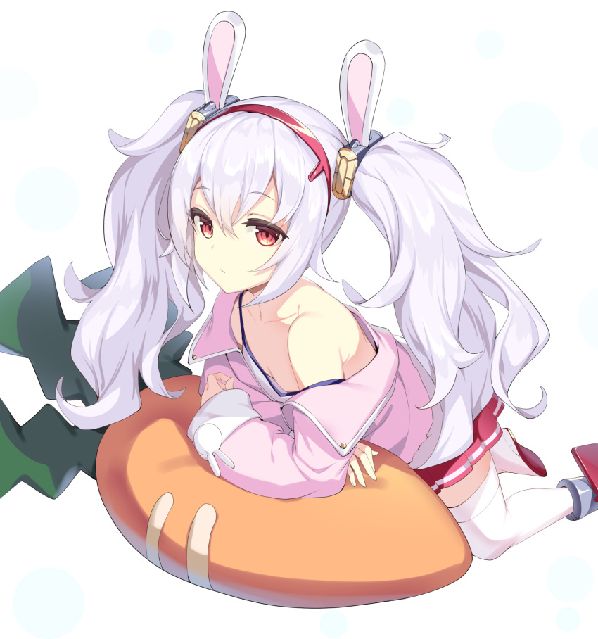 1girl animal_ears azur_lane commentary_request crown eyebrows_visible_through_hair fake_animal_ears fur-trimmed_jacket fur_trim hair_between_eyes hair_ribbon hairband highres ikomochi jacket laffey_(azur_lane) looking_at_viewer lying mini_crown off_shoulder on_stomach open_clothes open_jacket pink_jacket rabbit_ears red_hairband red_skirt ribbon silver_hair skirt strap_slip twintails white_camisole white_legwear