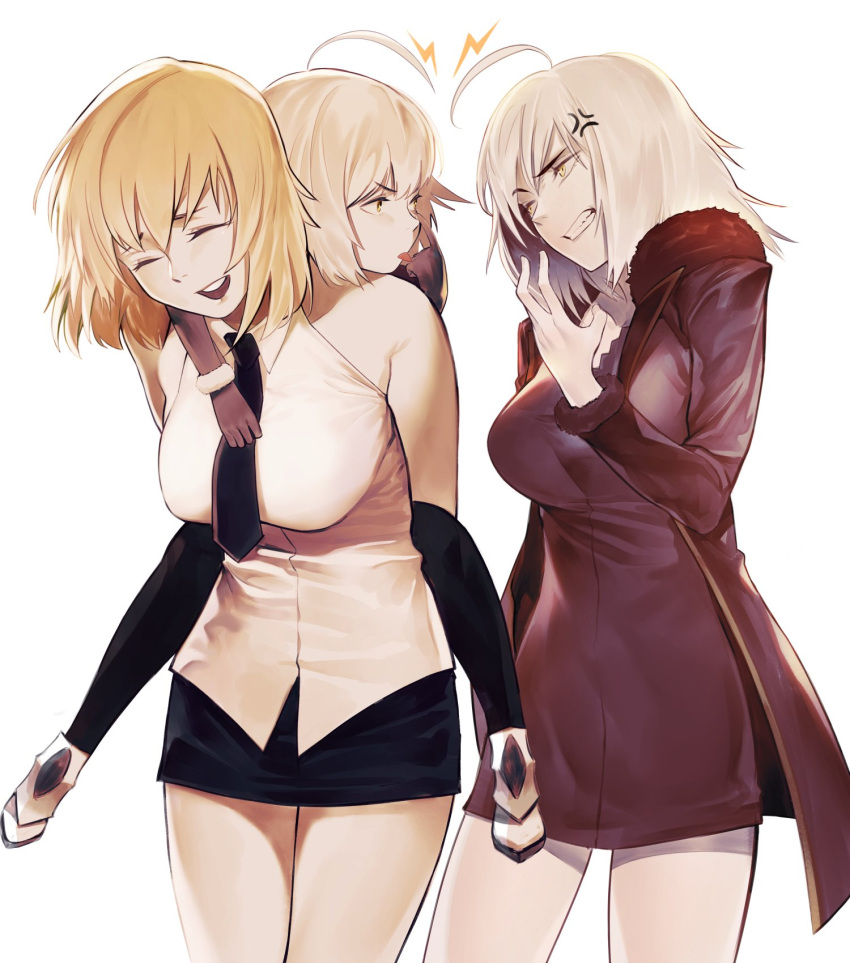 3girls ahoge angry bangs bare_shoulders black_dress black_jacket black_neckwear black_skirt blonde_hair breasts cape carrying clenched_teeth commentary_request dress eyebrows_visible_through_hair fate/grand_order fate_(series) fur-trimmed_cape fur_collar fur_trim gloves gyudong123 hair_between_eyes highres holding_another jacket jeanne_d'arc_(alter)_(fate) jeanne_d'arc_(fate) jeanne_d'arc_(fate)_(all) jeanne_d'arc_alter_santa_lily large_breasts looking_at_another lying miniskirt multiple_girls on_back open_mouth piggyback shirt short_hair silver_hair skirt sleeveless sleeveless_shirt smile teeth thighs tongue tongue_out yellow_eyes younger