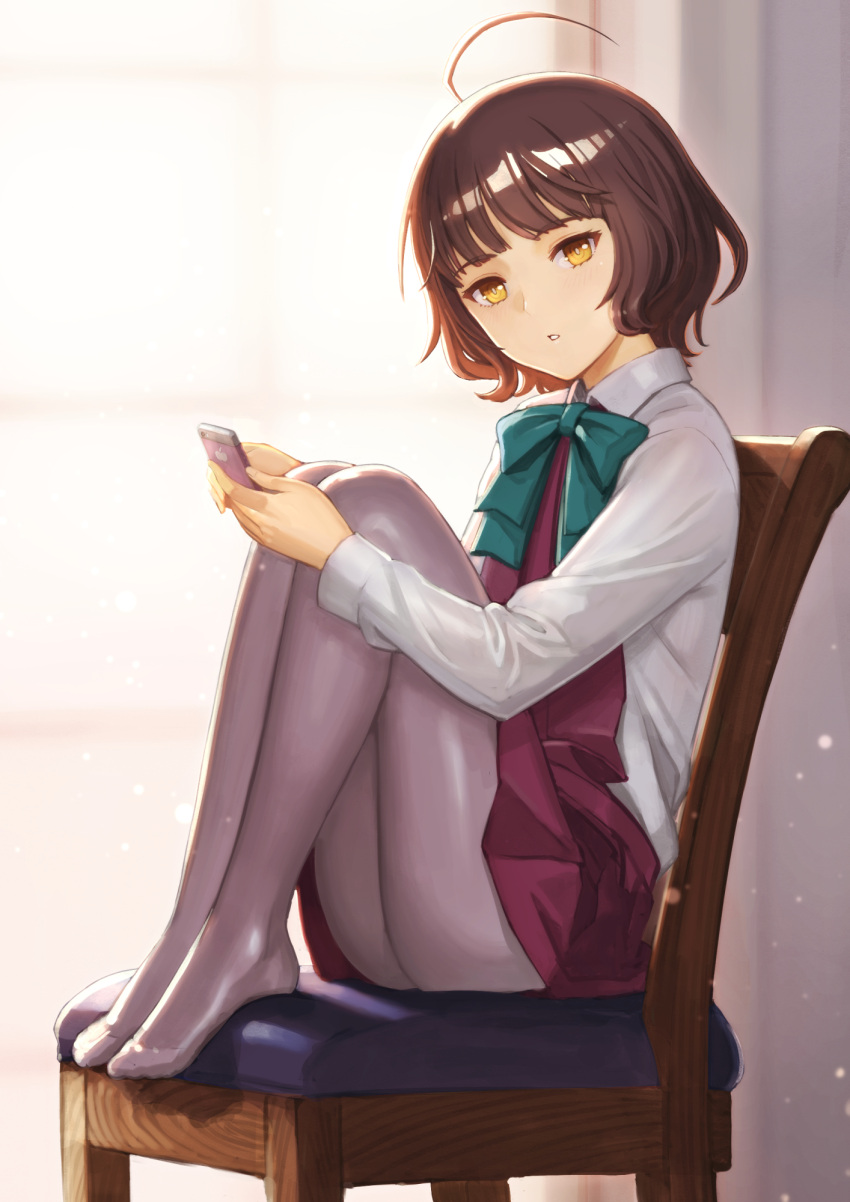 1girl :o ahoge aqua_bow aqua_neckwear backlighting bangs blunt_bangs bow bowtie brown_hair cellphone chair commentary_request dress from_side full_body grey_legwear highres kantai_collection kishinami_(kantai_collection) knees_up legs_together long_sleeves looking_at_viewer looking_to_the_side no_shoes on_chair pantyhose parted_lips phone pleated_dress purple_dress school_uniform shirt short_hair sitting smartphone solo tantaka twitter_username wavy_hair white_shirt window wooden_chair yellow_eyes
