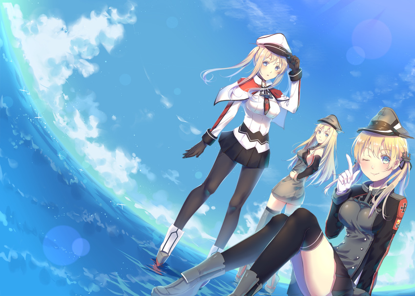 3girls ;) bismarck_(kantai_collection) black_gloves black_legwear black_skirt blonde_hair blue_eyes blue_sky breasts capelet clouds covered_navel day dutch_angle gloves graf_zeppelin_(kantai_collection) grey_hat grey_legwear hand_on_hip highres index_finger_raised jacket kantai_collection katee large_breasts long_hair looking_at_viewer miniskirt multiple_girls necktie ocean one_eye_closed outdoors pantyhose pleated_skirt prinz_eugen_(kantai_collection) short_necktie skirt sky smile thigh-highs twintails white_capelet white_gloves white_jacket
