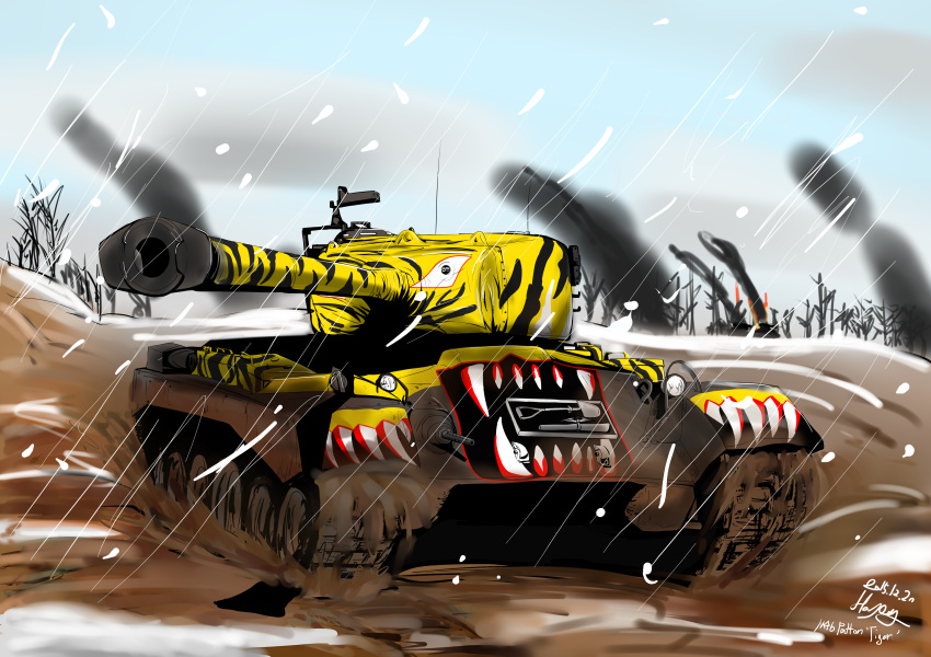 absurdres caterpillar_tracks clouds day dirt ground_vehicle highres m46_patton military military_vehicle motor_vehicle no_humans original real_life sky smoke snow snowing tank tree troll_(dlshvmajsl)