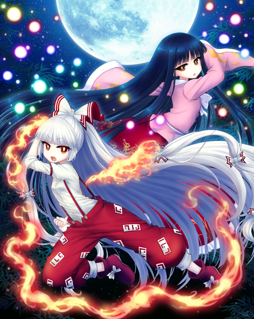 2girls :o album_cover ankle_boots arm_garter arm_up baggy_pants bamboo bangs black_hair blunt_bangs boots bow brown_eyes clenched_hand commentary_request cover danmaku dress_shirt eyebrows_visible_through_hair fighting_stance fire fujiwara_no_mokou full_moon hair_bow hair_ribbon highres houraisan_kaguya juliet_sleeves long_hair long_skirt long_sleeves miruki moon multiple_girls night night_sky ofuda open_mouth outdoors outstretched_arm pants pink_shirt ponytail puffy_sleeves red_eyes red_footwear red_skirt ribbon shirt silver_hair skirt sky sleeves_folded_up star_(sky) starry_sky suspenders touhou tress_ribbon very_long_hair white_bow white_pupils white_shirt wide_sleeves