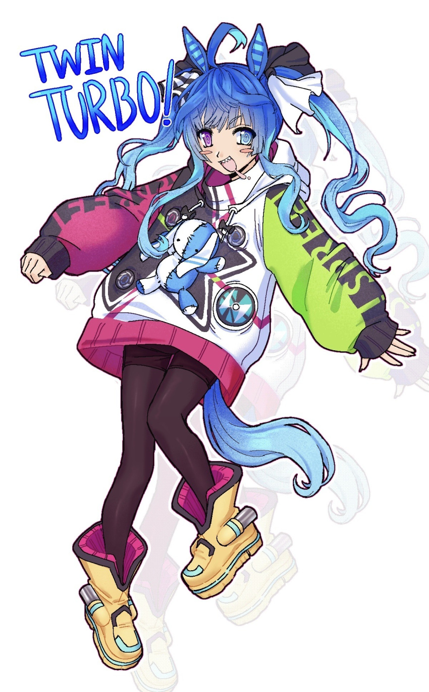 1girl 2000s_(style) @_@ ahoge animal_ears blue_eyes blue_hair character_name commentary crossed_bangs drawstring english_commentary english_text full_body heterochromia highres hood hoodie horse_ears horse_girl horse_tail long_hair long_sleeves luc143r multicolored_clothes multicolored_hair multicolored_hoodie open_mouth sharp_teeth sidelocks simple_background smile solo stuffed_animal stuffed_rabbit stuffed_toy tail teeth twin_turbo_(umamusume) twintails umamusume violet_eyes white_background yellow_footwear zoom_layer