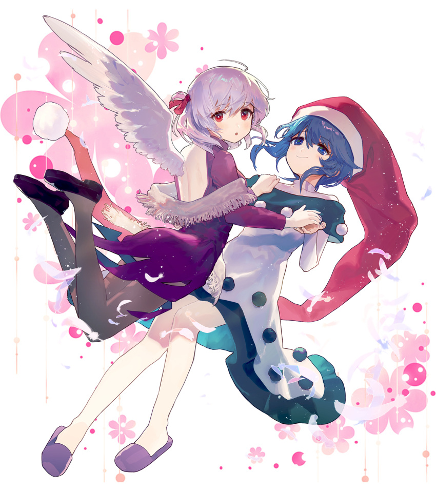 2girls :o ahoge ainy77 ass back_cutout backless_outfit bangs black_dress black_footwear blue_eyes blue_hair blush breasts collarbone doremy_sweet dress eyebrows_visible_through_hair feathered_wings feathers full_body grey_legwear hair_between_eyes hand_holding hat highres jumping kishin_sagume light_particles long_sleeves looking_at_viewer looking_back medium_breasts multicolored multicolored_clothes multicolored_dress multiple_girls off_shoulder pantyhose parted_lips purple_dress purple_footwear red_eyes red_hat santa_hat shoes short_hair silver_hair simple_background single_wing slippers smile thighs touhou turtleneck turtleneck_dress white_background white_dress white_wings wings