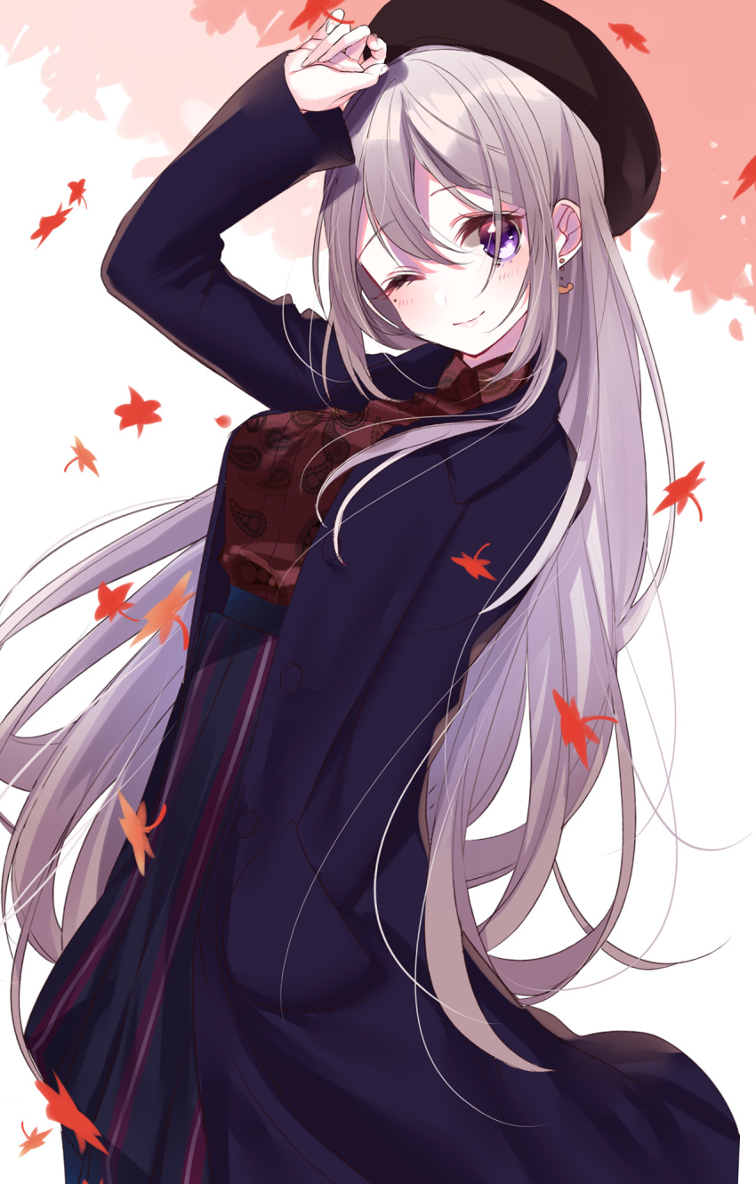 1girl ;) arm_up autumn_leaves bangs beret blue_skirt blush breasts brown_hat brown_shirt closed_mouth coat dress_shirt earrings eyebrows_visible_through_hair grey_hair hair_between_eyes hat high-waist_skirt highres higuchi_kaede jewelry large_breasts leaf long_hair long_sleeves looking_at_viewer maple_leaf misumi_(macaroni) nijisanji one_eye_closed open_clothes open_coat paisley print_shirt purple_coat shirt simple_background skirt sleeves_past_wrists smile solo very_long_hair violet_eyes white_background