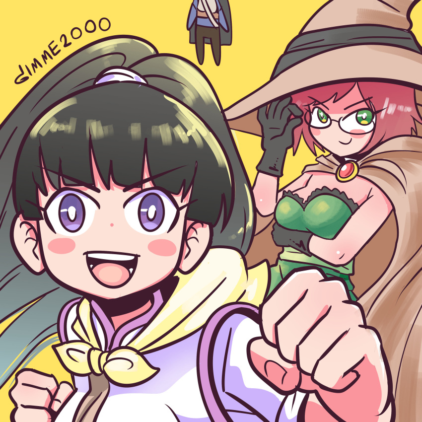 1boy 2girls absurdres adjusting_eyewear black_hair blue_eyes blush_stickers breast_hold breasts cape clenched_hand fighter_(goblin_slayer!) gimme2000 glasses goblin_slayer! green_eyes hat highres looking_at_viewer multiple_girls open_mouth out_of_frame ponytail redhead simple_background smile smug witch_hat wizard_(goblin_slayer!) yellow_background