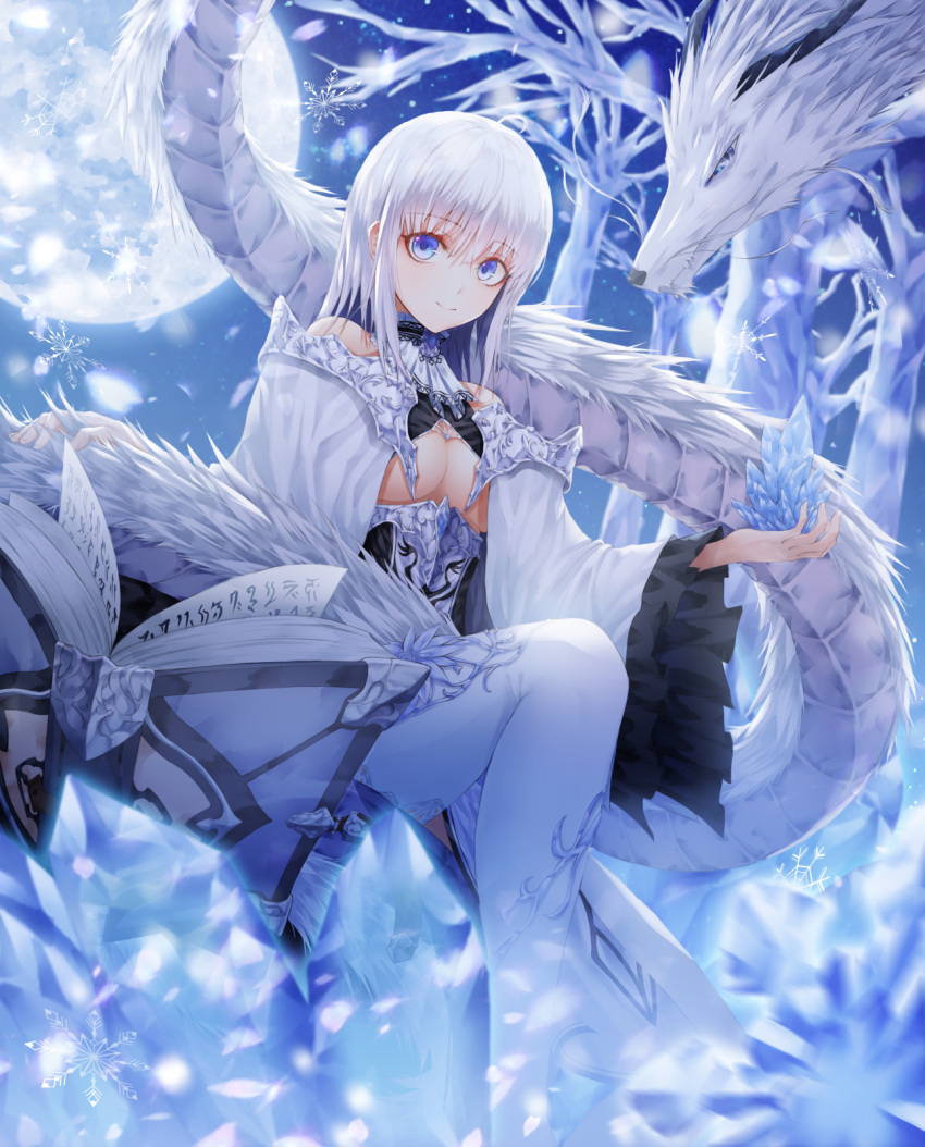 1girl ahoge bangs blue_eyes breasts cleavage dlwhdals901 dragon dungeon_and_fighter eyebrows_visible_through_hair hair_between_eyes highres ice large_breasts long_hair looking_at_viewer sidelocks sitting smile solo white_hair