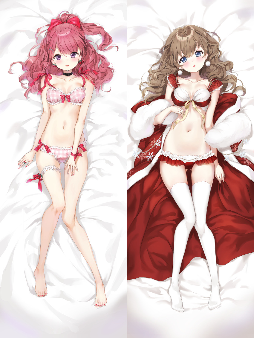 2girls absurdres bangs bare_arms bare_legs bare_shoulders barefoot bed bed_sheet black_choker blue_eyes blush bow bow_bra bow_panties bra breasts brown_hair cherry_earrings choker collarbone commentary_request curly_hair dakimakura earrings eyebrows_visible_through_hair fingernails food_themed_earrings frilled_bra frilled_panties frills fur_collar gluteal_fold hair_between_eyes hair_bow hair_ornament hairclip head_tilt high_ponytail highres japanese_clothes jewelry kimono leg_garter long_hair looking_at_viewer lying medium_breasts mullpull multicolored multicolored_bra multicolored_clothes multicolored_panties multiple_girls nail_polish navel no_shoes on_back open_clothes open_kimono original panties parted_lips pink_bra pink_panties plaid plaid_bra plaid_panties ponytail print_kimono red_bow red_bra red_kimono red_nails red_panties redhead ribbon small_breasts smile snowflake_print thigh-highs underwear underwear_only violet_eyes white_bra white_legwear white_panties x_hair_ornament yellow_ribbon