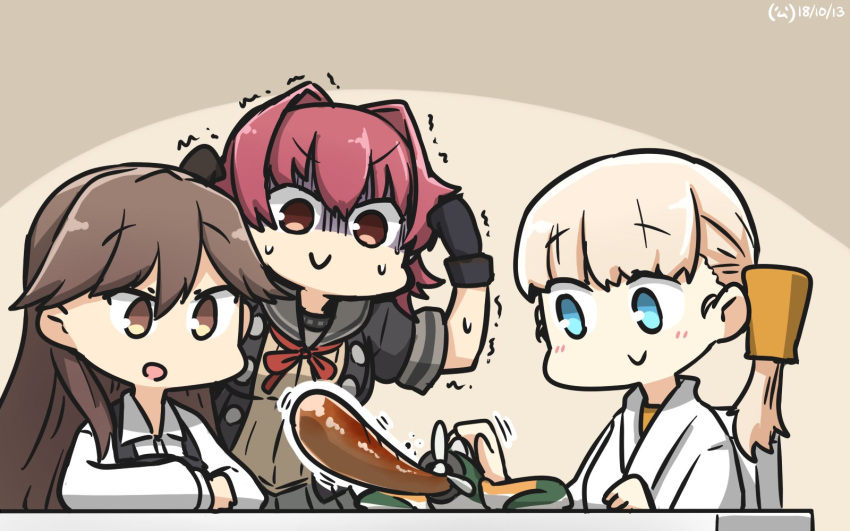 &gt;:) 3girls aircraft airplane arashio_(kantai_collection) black_gloves blonde_hair blue_eyes brown_eyes brown_hair dated dougi eyebrows_visible_through_hair food gloves grey_sailor_collar hair_between_eyes hamu_koutarou highres japanese_clothes kantai_collection kinu_(kantai_collection) long_hair long_sleeves motion_lines multiple_girls open_mouth red_ribbon redhead remodel_(kantai_collection) ribbon sailor_collar shin'you_(kantai_collection) shirt short_hair short_sleeves sitting smile v-shaped_eyebrows white_shirt