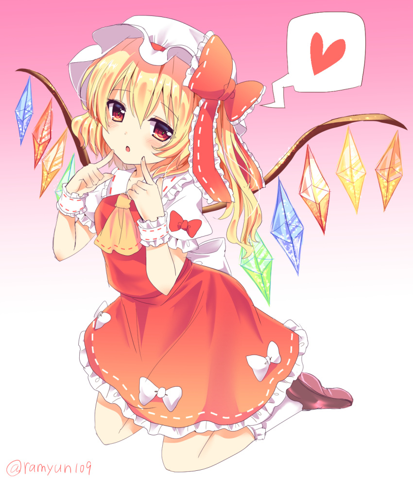 1girl blonde_hair bow eyebrows_visible_through_hair fingers_to_cheeks flandre_scarlet gradient gradient_background hat heart highres kneeling ramudia_(lamyun) red_bow red_eyes solo speech_bubble spoken_heart touhou twitter_username wings