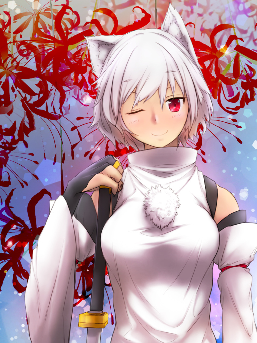 1girl ;) animal_ear_fluff animal_ears bare_shoulders blush breasts bridal_gauntlets detached_sleeves floral_background flower hand_on_hilt highres inubashiri_momiji large_breasts light_smile looking_at_viewer one_eye_closed pom_pom_(clothes) red_eyes ribbon-trimmed_sleeves ribbon_trim shirt short_hair silver_hair sleeveless sleeveless_shirt smile solo spider_lily sword touhou turtleneck uchoutenko upper_body weapon white_shirt wide_sleeves wolf_ears