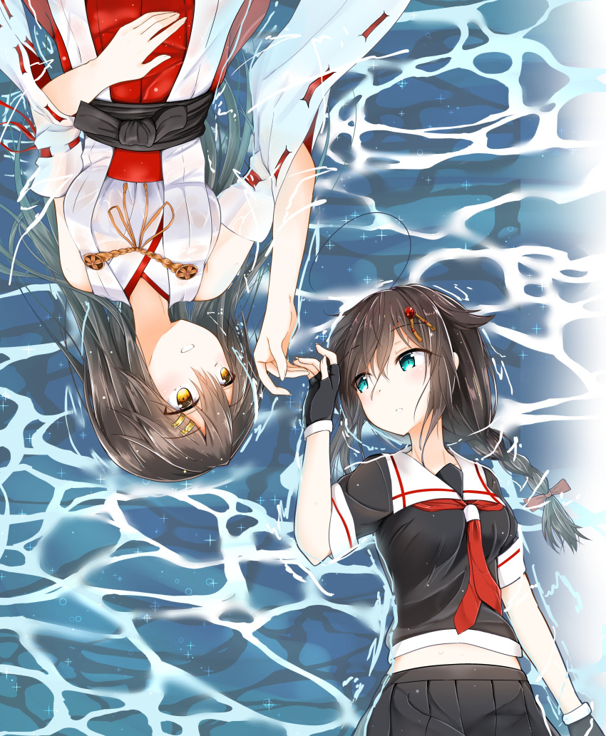 2girls absurdres black_hair black_serafuku blue_eyes braid brown_eyes detached_sleeves fingerless_gloves gloves hair_flaps hair_over_shoulder hair_ribbon hairband haruna_(kantai_collection) headgear highres kantai_collection long_hair multiple_girls namikawa_kuroha ocean pleated_skirt red_neckwear remodel_(kantai_collection) ribbon school_uniform serafuku shigure_(kantai_collection) single_braid skirt