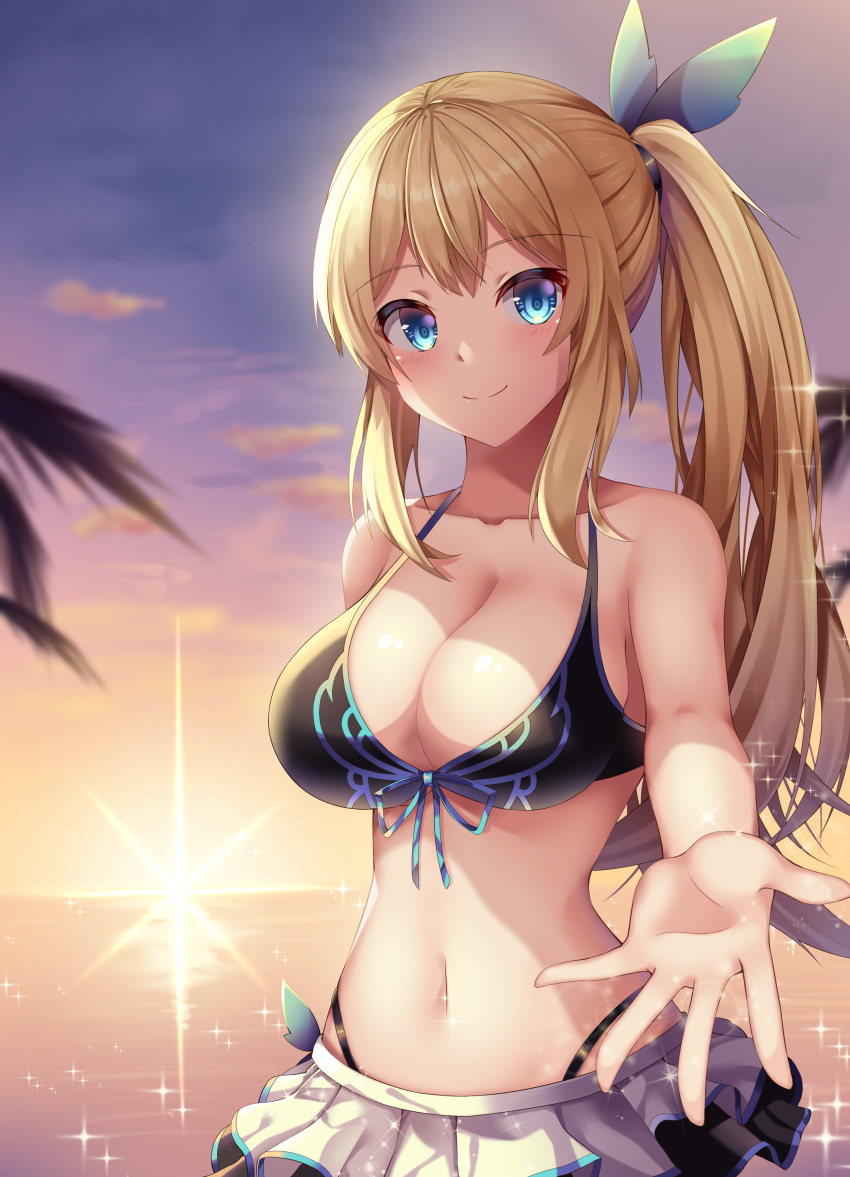 1girl absurdres amagi_korona bangs bare_shoulders bikini bikini_skirt blonde_hair blue_eyes blush breasts cleavage closed_mouth clouds collarbone commentary_request eyebrows_visible_through_hair highres looking_at_viewer mirai_akari mirai_akari_project navel ocean outstretched_hand palm_leaf palm_tree ponytail shiny shiny_skin side_ponytail sidelocks smile solo sparkle sunset swimsuit tree virtual_youtuber water
