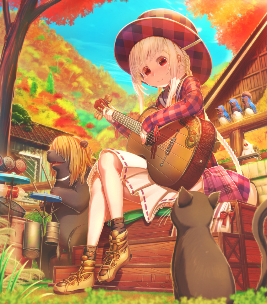 1girl abo_(kawatasyunnnosukesabu) animal autumn autumn_leaves bag band bangs barn bear bird black_cat blonde_hair boots bottle braid brown_footwear building cat commentary_request day drum drum_set guitar highres instrument legs_crossed long_hair long_sleeves looking_at_animal original outdoors plaid plaid_hat plaid_shirt pleated_skirt porcupine red_eyes ribbon-trimmed_skirt ribbon_trim shirt sidelocks sitting skirt smile twin_braids very_long_hair white_skirt