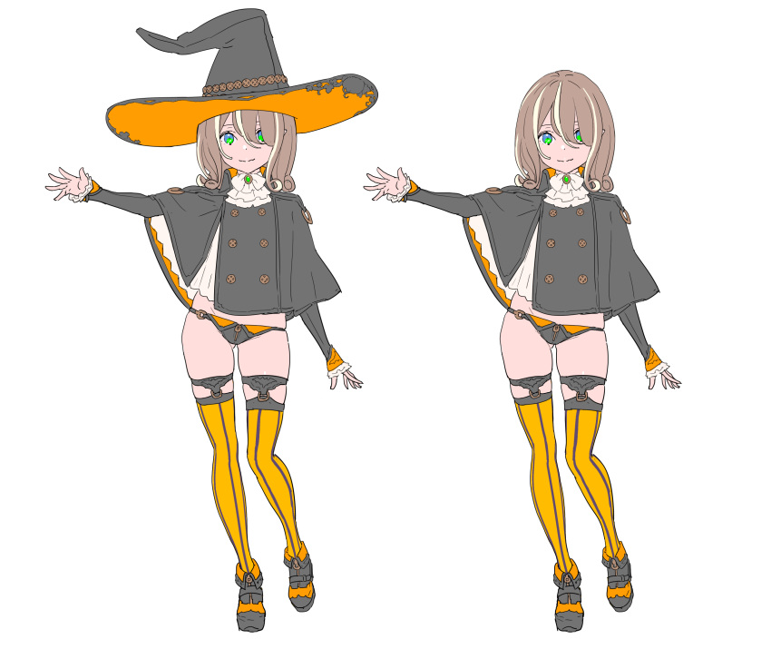 1girl black brown_hair character_sheet gluteal_fold green_eyes hat highres looking_at_viewer medium_hair nagisa_kurousagi original outstretched_arm sleeves_past_wrists smile solo thigh-highs white_hair witch_hat yellow_legwear