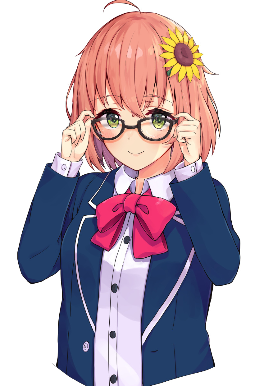 1girl absurdres adjusting_eyewear arms_up bespectacled black-framed_eyewear blazer blue_jacket blush bow breasts brown_hair closed_mouth collared_shirt cropped_torso dress_shirt glasses green_eyes highres honma_himawari jacket long_sleeves nijisanji open_blazer open_clothes open_jacket racchi. red_bow school_uniform shirt short_hair simple_background small_breasts smile upper_body virtual_youtuber white_background white_shirt