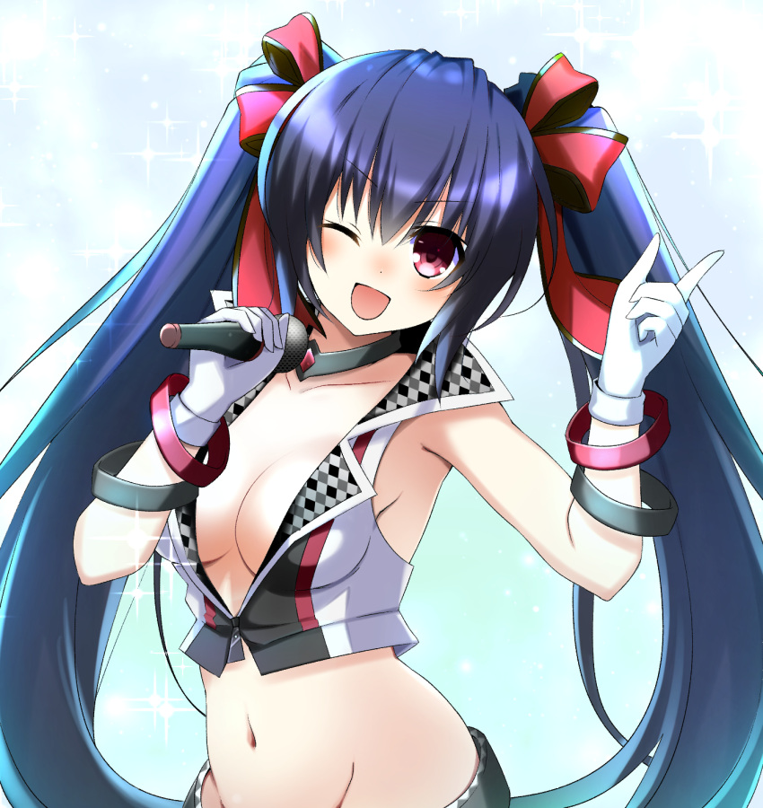 1girl ;d black_hair blush breasts cleavage collarbone crop_top doria_(5073726) gloves groin hair_between_eyes hair_ribbon hands_up highres holding holding_microphone idol long_hair looking_at_viewer microphone midriff navel neptune_(series) no_bra noire one_eye_closed open_mouth red_eyes ribbon sleeveless smile solo twintails very_long_hair white_gloves