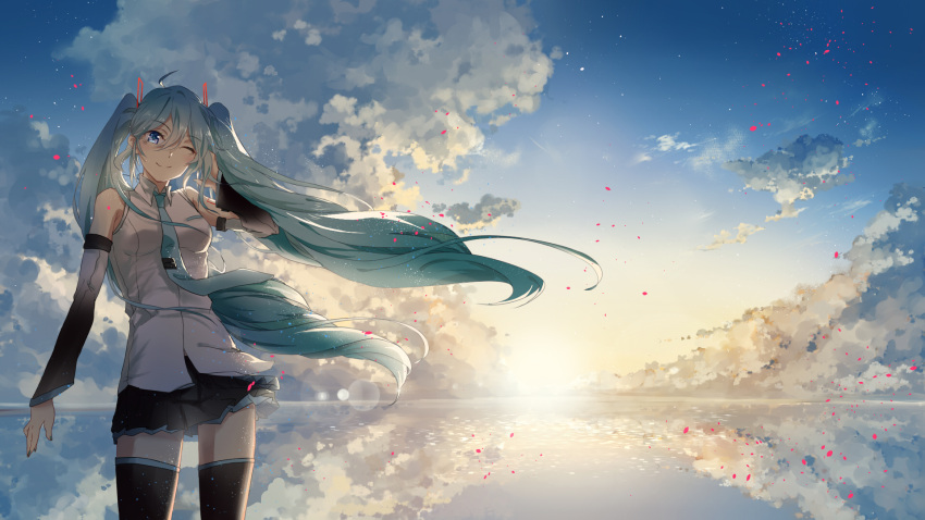 1girl ;) black_skirt blue_eyes blue_hair blue_nails blue_neckwear blue_sky blurry bokeh clouds cloudy_sky cowboy_shot day depth_of_field detached_sleeves evening eyebrows_visible_through_hair fingernails floating_hair hand_in_hair hand_up happy hatsune_miku highres jin_yun long_hair looking_at_viewer nail_polish necktie one_eye_closed outdoors reflecting_pool reflection shirt skirt skirt_lift sky sleeveless sleeveless_shirt smile solo standing sun sunlight thigh-highs twintails upper_body very_long_hair vocaloid water white_shirt wind wind_lift