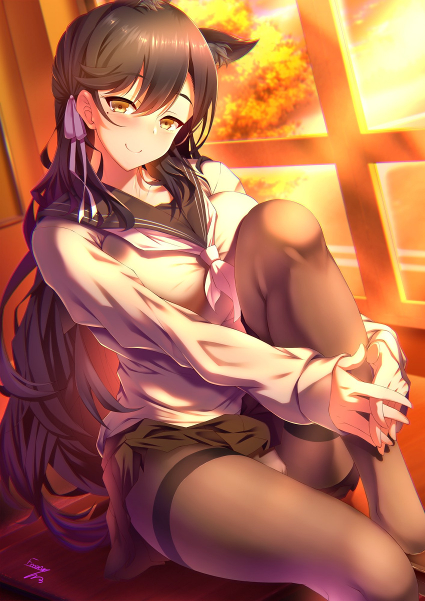 1girl animal_ears atago_(azur_lane) azur_lane bangs black_hair black_legwear black_skirt blush breasts closed_mouth desk emanon123 extra_ears grey_sweater hair_between_eyes hair_ribbon highres hips interlocked_fingers knee_up large_breasts legs long_hair looking_at_viewer mole mole_under_eye neckerchief pantyhose ribbon sailor_collar school_uniform sitting skirt smile solo sunlight sunset sweater swept_bangs thighband_pantyhose thighs white_ribbon window yellow_eyes