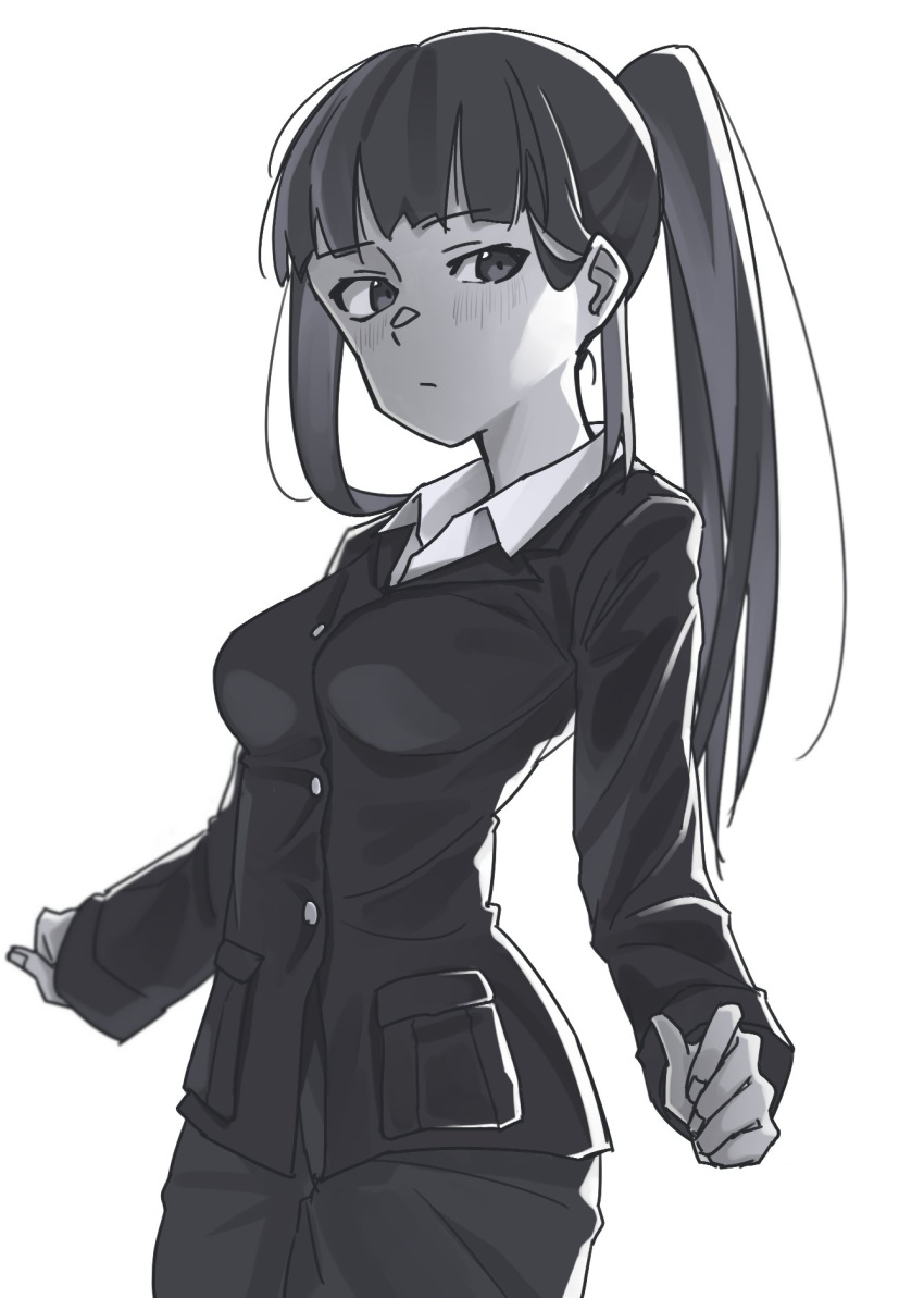 1girl alternate_hairstyle bangs blunt_bangs blush closed_mouth commentary dress_shirt eyebrows_visible_through_hair formal frown girls_und_panzer highres jacket long_hair long_sleeves looking_at_viewer mature nishizumi_shiho pant_suit pants ponytail roivas shirt solo standing straight_hair suit