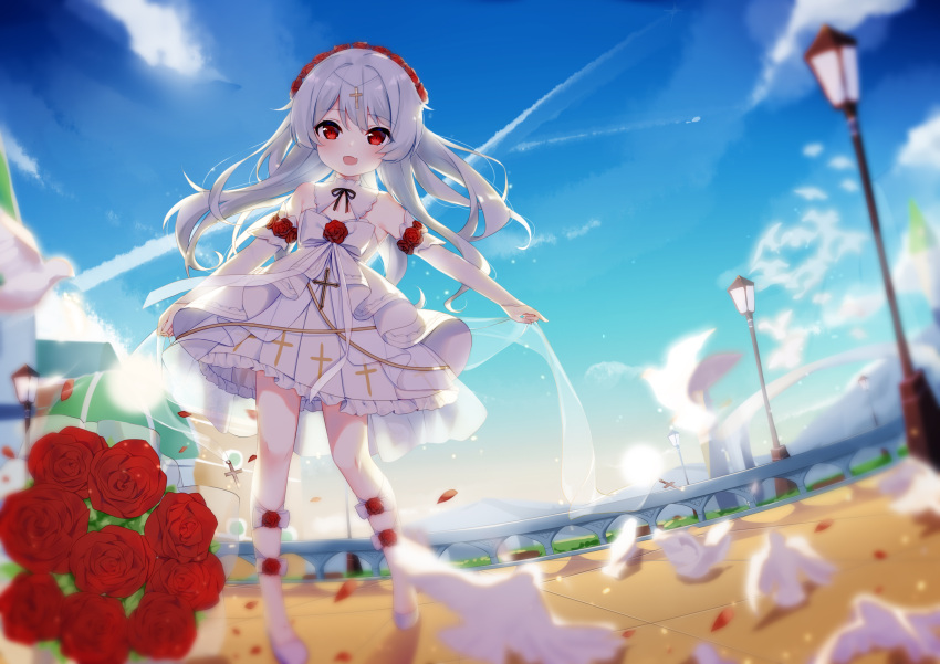 1girl absurdres clouds cross detached_collar dress flower fufumi hair_flower hair_ornament highres honkai_impact lamppost long_hair open_mouth outdoors red_eyes rose shoes silver_hair sky smile solo strapless strapless_dress theresa_apocalypse white_dress