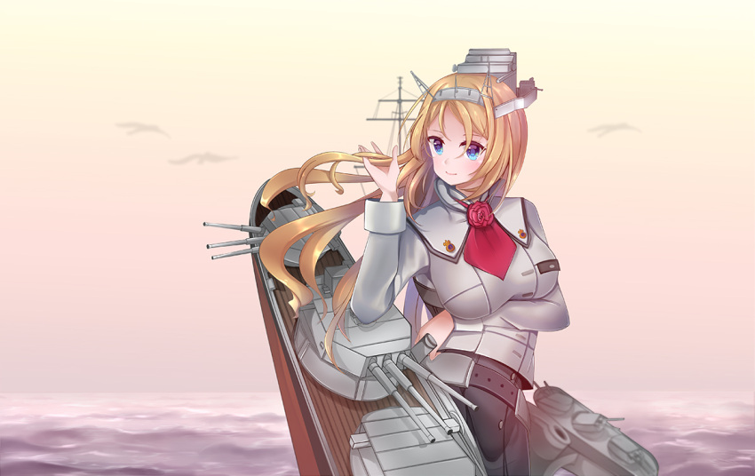 1girl ascot blonde_hair blue_eyes breasts cannon cowboy_shot flower gradient_sky headgear kantai_collection large_breasts long_hair long_sleeves looking_at_viewer machinery military military_uniform nelson_(kantai_collection) pencil_skirt red_flower red_rose rose satsukikyo skirt sky solo turret uniform