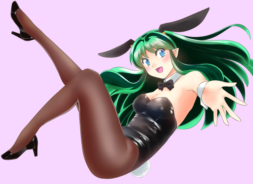 1girl absurdres animal_ears black_leotard black_neckwear blue_eyes bow bowtie breasts bunnysuit detached_collar foreshortening green_hair highres leotard long_hair lum medium_breasts nanao_futaba oni_horns pantyhose pink_background pointy_ears rabbit_ears simple_background solo strapless strapless_leotard urusei_yatsura wrist_cuffs